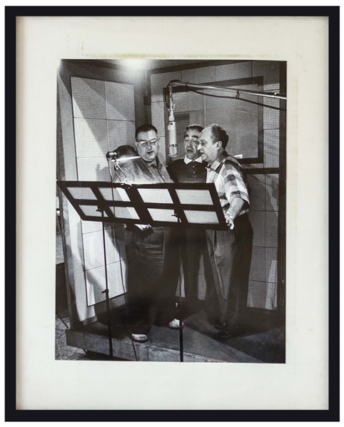 10'' x 13.25'' Photo That Hung in Moe's Office of The Three Stooges Singing in Studio -- Framed to 15'' x 18.5'' With Norman Maurer Productions Stamp on Verso -- Residue to Glass, Else Near Fine